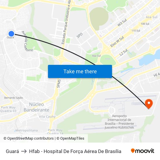 Guará to Hfab - Hospital De Força Aérea De Brasília map