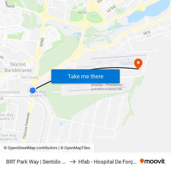 BRT Park Way | Sentido Gama / Santa Maria to Hfab - Hospital De Força Aérea De Brasília map