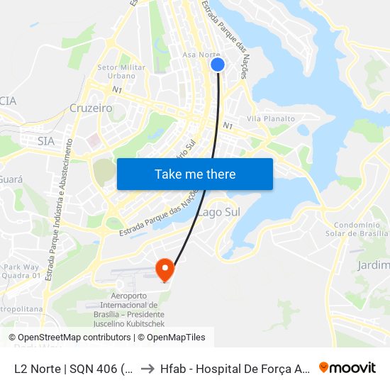 L2 Norte | SQN 406 (UnB / CEAN) to Hfab - Hospital De Força Aérea De Brasília map