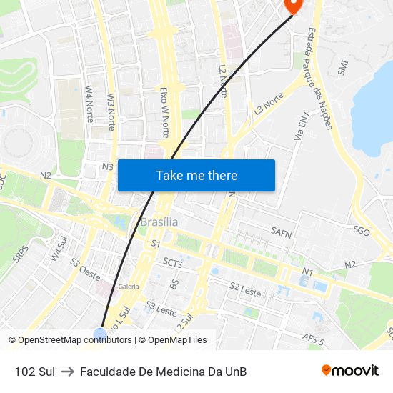 102 Sul to Faculdade De Medicina Da UnB map