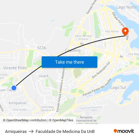 Arniqueiras to Faculdade De Medicina Da UnB map