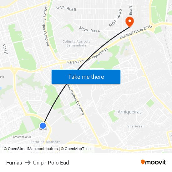 Furnas to Unip - Polo Ead map