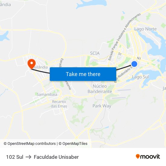 102 Sul to Faculdade Unisaber map