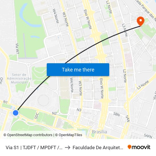 Via S1 | TJDFT / MPDFT / Palácio do Buriti to Faculdade De Arquitetura E Urbanismo map