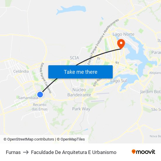 Furnas to Faculdade De Arquitetura E Urbanismo map