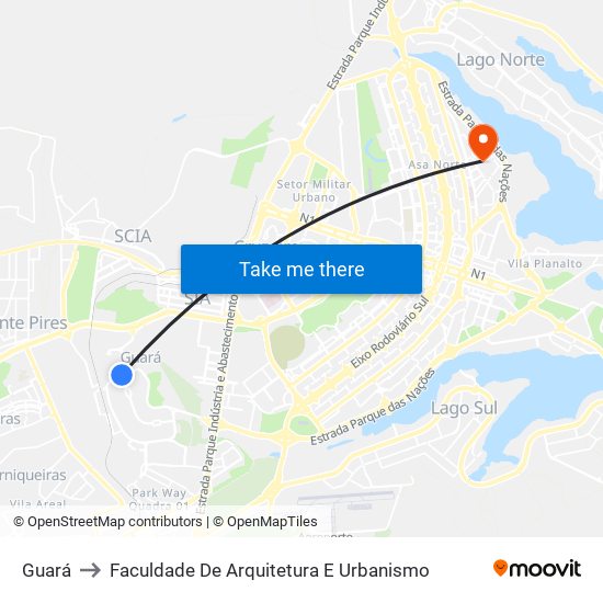 Guará to Faculdade De Arquitetura E Urbanismo map