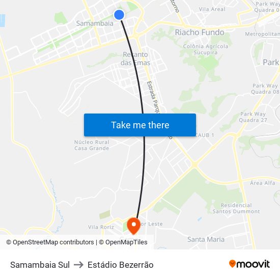 Samambaia Sul to Estádio Bezerrão map