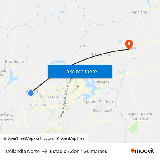 Ceilândia Norte to Estádio Adonir Guimarães map