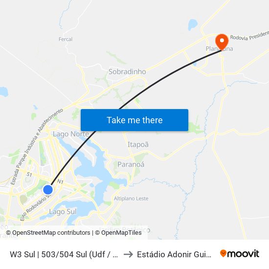 W3 Sul | 503/504 Sul (UDF / Big Box) to Estádio Adonir Guimarães map