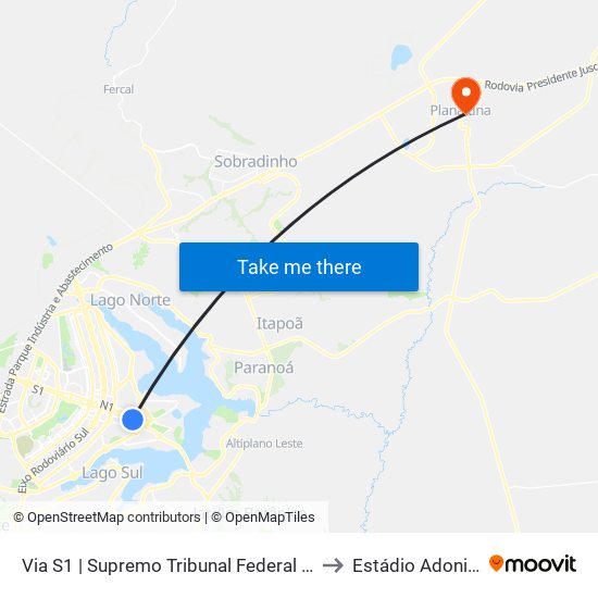 Via S1 | Supremo Tribunal Federal / Praça dos Três Poderes to Estádio Adonir Guimarães map