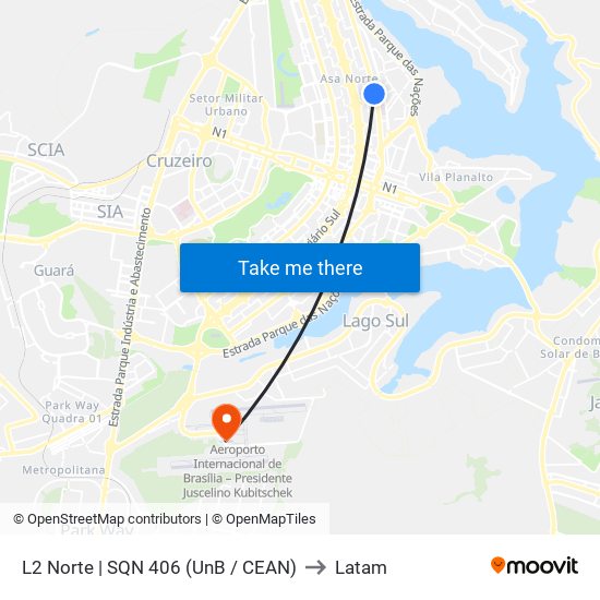 L2 Norte | SQN 406 (UnB / CEAN) to Latam map