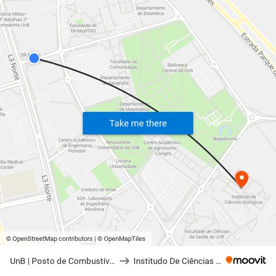 UnB | Posto de Combustíveis / Subway to Institudo De Ciências Biológicas map