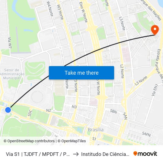 Via S1 | TJDFT / MPDFT / Palácio do Buriti to Institudo De Ciências Biológicas map