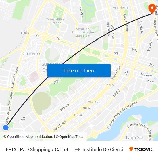 EPIA | ParkShopping / Carrefour (SEMIURBANO) to Institudo De Ciências Biológicas map