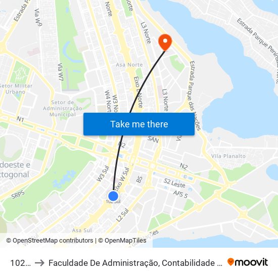 102 Sul to Faculdade De Administração, Contabilidade E Economia (Face) map