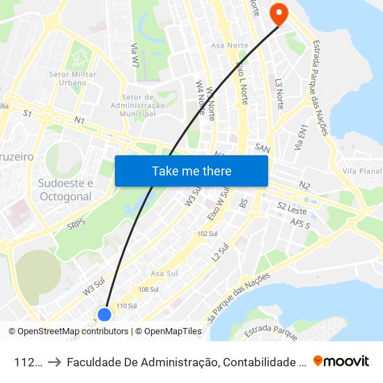 112 Sul to Faculdade De Administração, Contabilidade E Economia (Face) map