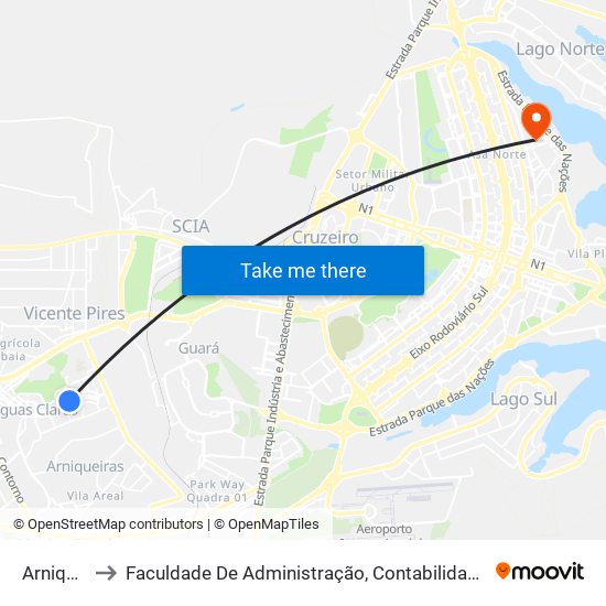 Arniqueiras to Faculdade De Administração, Contabilidade E Economia (Face) map