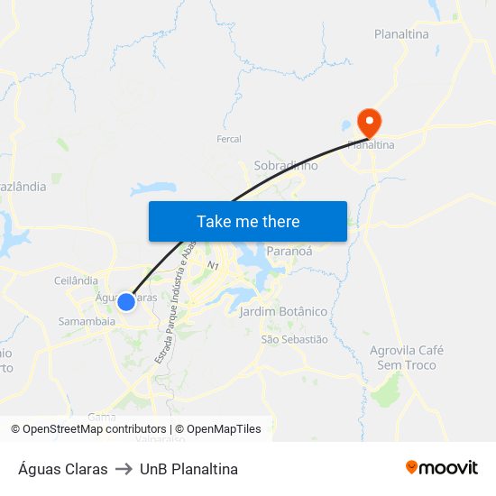 Águas Claras to UnB Planaltina map