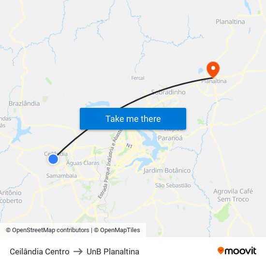 Ceilândia Centro to UnB Planaltina map