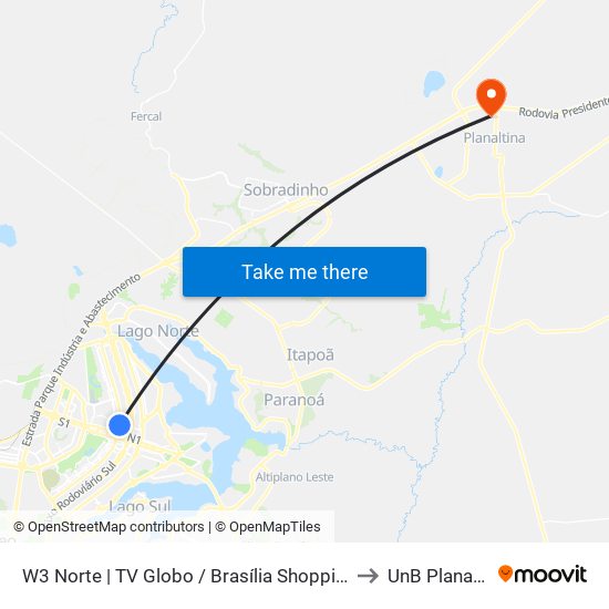 W3 Norte | TV Globo / Brasília Shopping / SHN to UnB Planaltina map