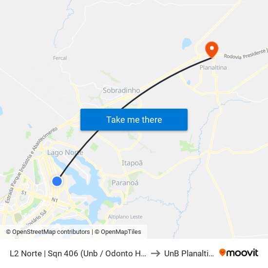 L2 Norte | SQN 406 (UnB / CEAN) to UnB Planaltina map
