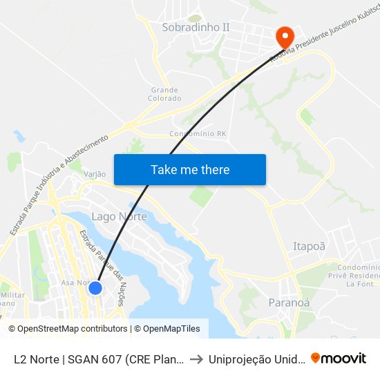 L2 Norte | SGAN 607 (CRE Plano Piloto) to Uniprojeção Unidade II map