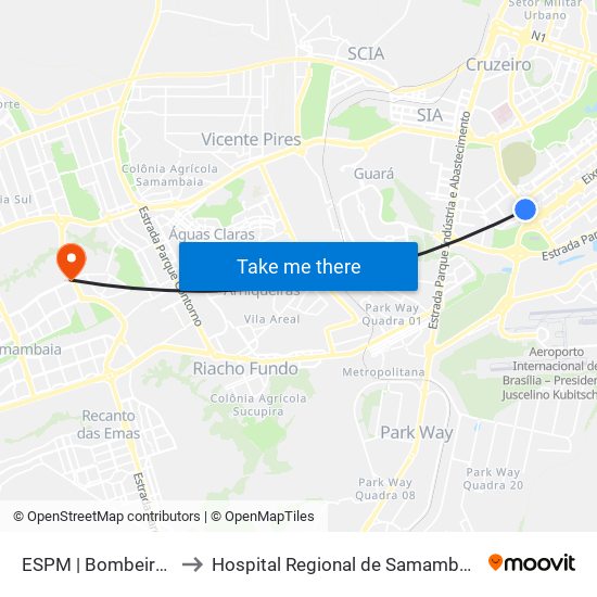 ESPM | Bombeiros to Hospital Regional de Samambaia map