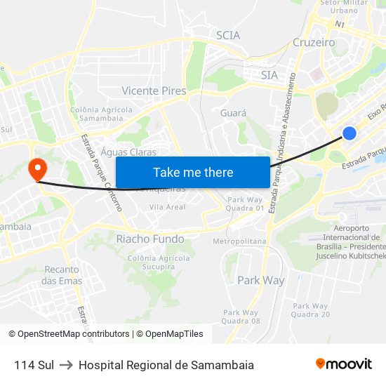114 Sul to Hospital Regional de Samambaia map