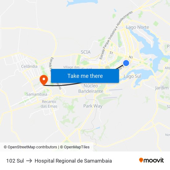 102 Sul to Hospital Regional de Samambaia map
