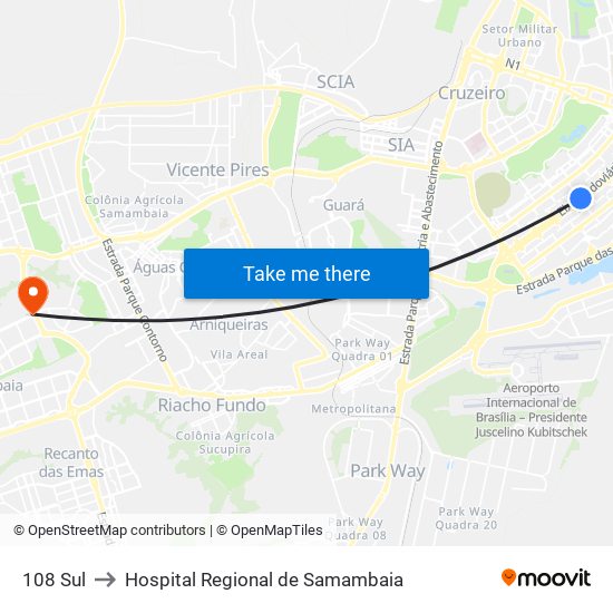 108 Sul to Hospital Regional de Samambaia map