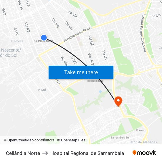 Ceilândia Norte to Hospital Regional de Samambaia map