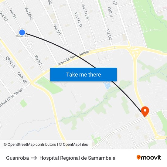 Guariroba to Hospital Regional de Samambaia map
