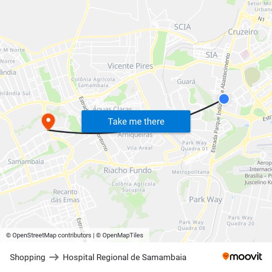 Shopping to Hospital Regional de Samambaia map