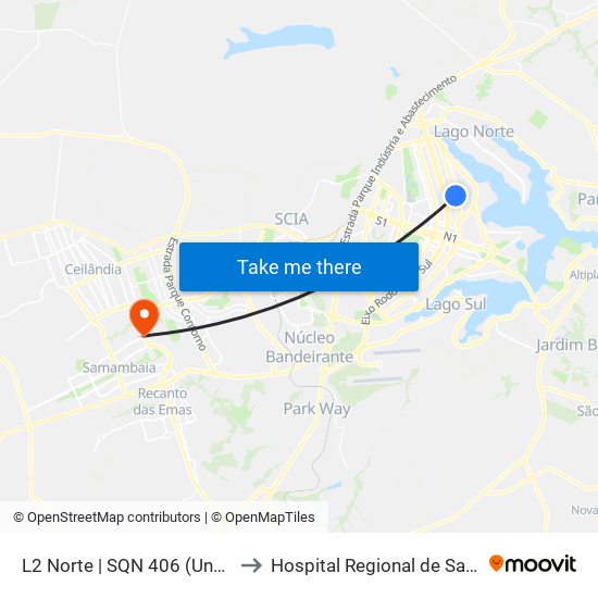 L2 Norte | SQN 406 (UnB / CEAN) to Hospital Regional de Samambaia map