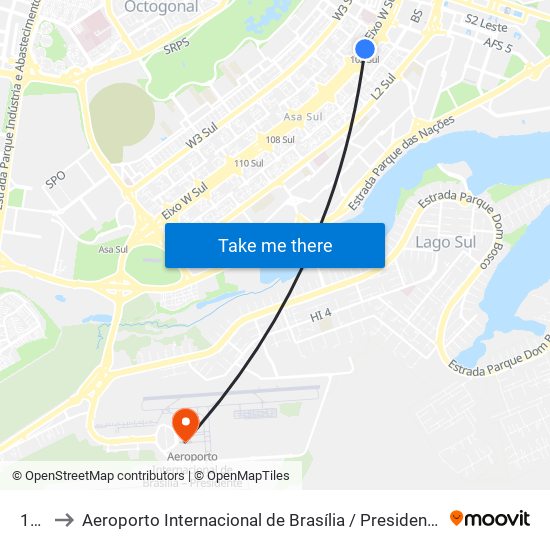 102 Sul to Aeroporto Internacional de Brasília / Presidente Juscelino Kubitschek (BSB) (Aeroporto Internaciona map