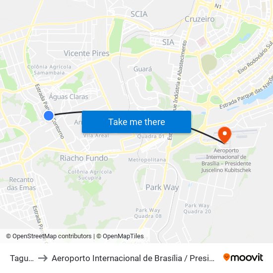 Taguatinga Sul to Aeroporto Internacional de Brasília / Presidente Juscelino Kubitschek (BSB) (Aeroporto Internaciona map