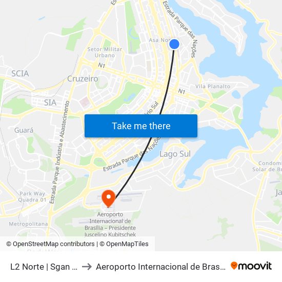 L2 Norte | SGAN 607 (CRE Plano Piloto) to Aeroporto Internacional de Brasília / Presidente Juscelino Kubitschek (BSB) (Aeroporto Internaciona map