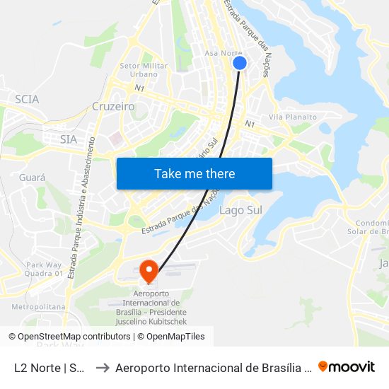 L2 Norte | SQN 406 (UnB / CEAN) to Aeroporto Internacional de Brasília / Presidente Juscelino Kubitschek (BSB) (Aeroporto Internaciona map