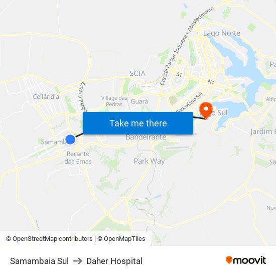 Samambaia Sul to Daher Hospital map