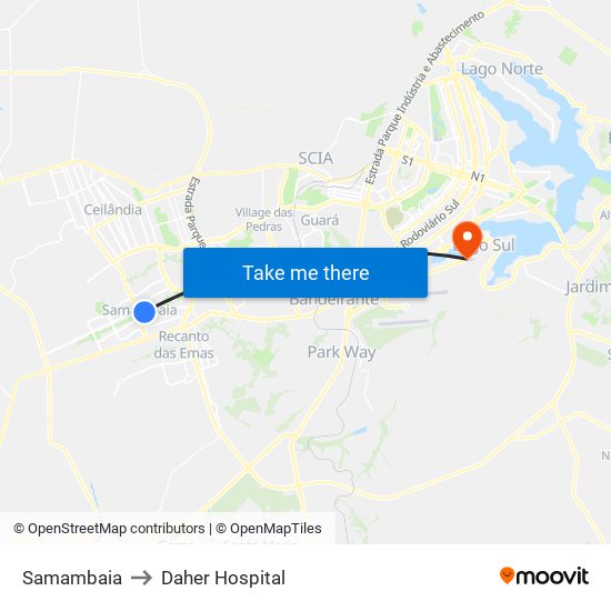 Samambaia to Daher Hospital map