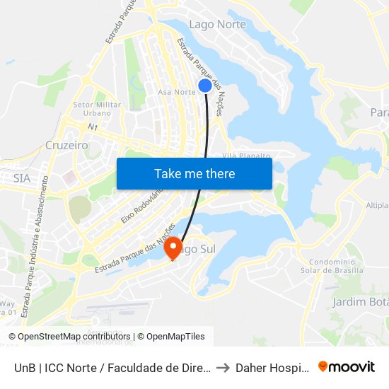 UnB | ICC Norte / Faculdade de Direito to Daher Hospital map