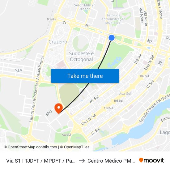 Via S1 | TJDFT / MPDFT / Palácio do Buriti to Centro Médico PMDF - CMED map