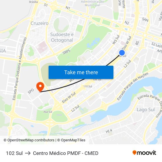 102 Sul to Centro Médico PMDF - CMED map