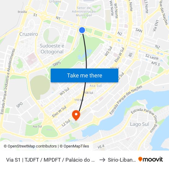 Via S1 | TJDFT / MPDFT / Palácio do Buriti to Sírio-Libanês map
