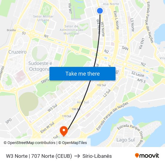 W3 Norte | 707 Norte (CEUB) to Sírio-Libanês map