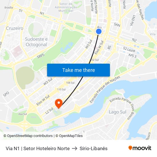 Via N1 | Setor Hoteleiro Norte to Sírio-Libanês map