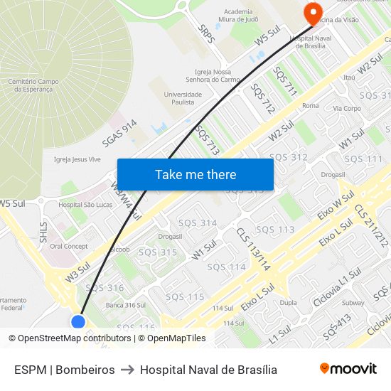 ESPM | Bombeiros to Hospital Naval de Brasília map