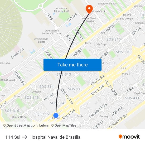 114 Sul to Hospital Naval de Brasília map