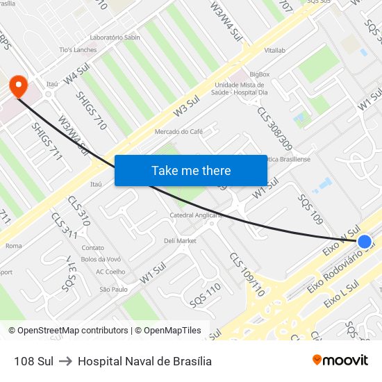 108 Sul to Hospital Naval de Brasília map