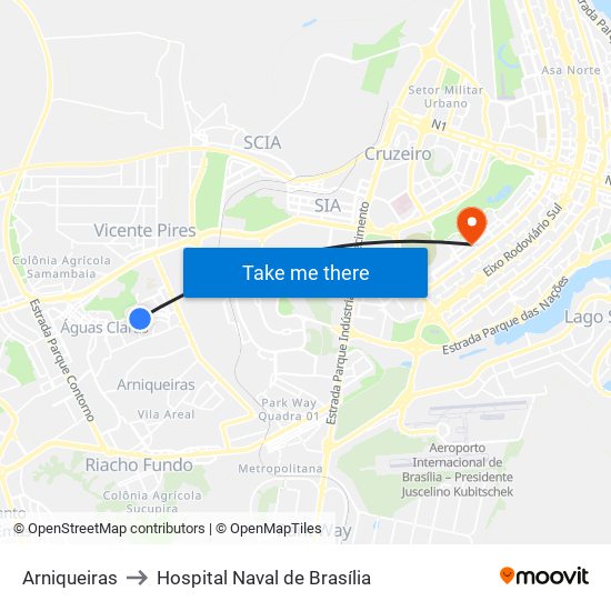 Arniqueiras to Hospital Naval de Brasília map